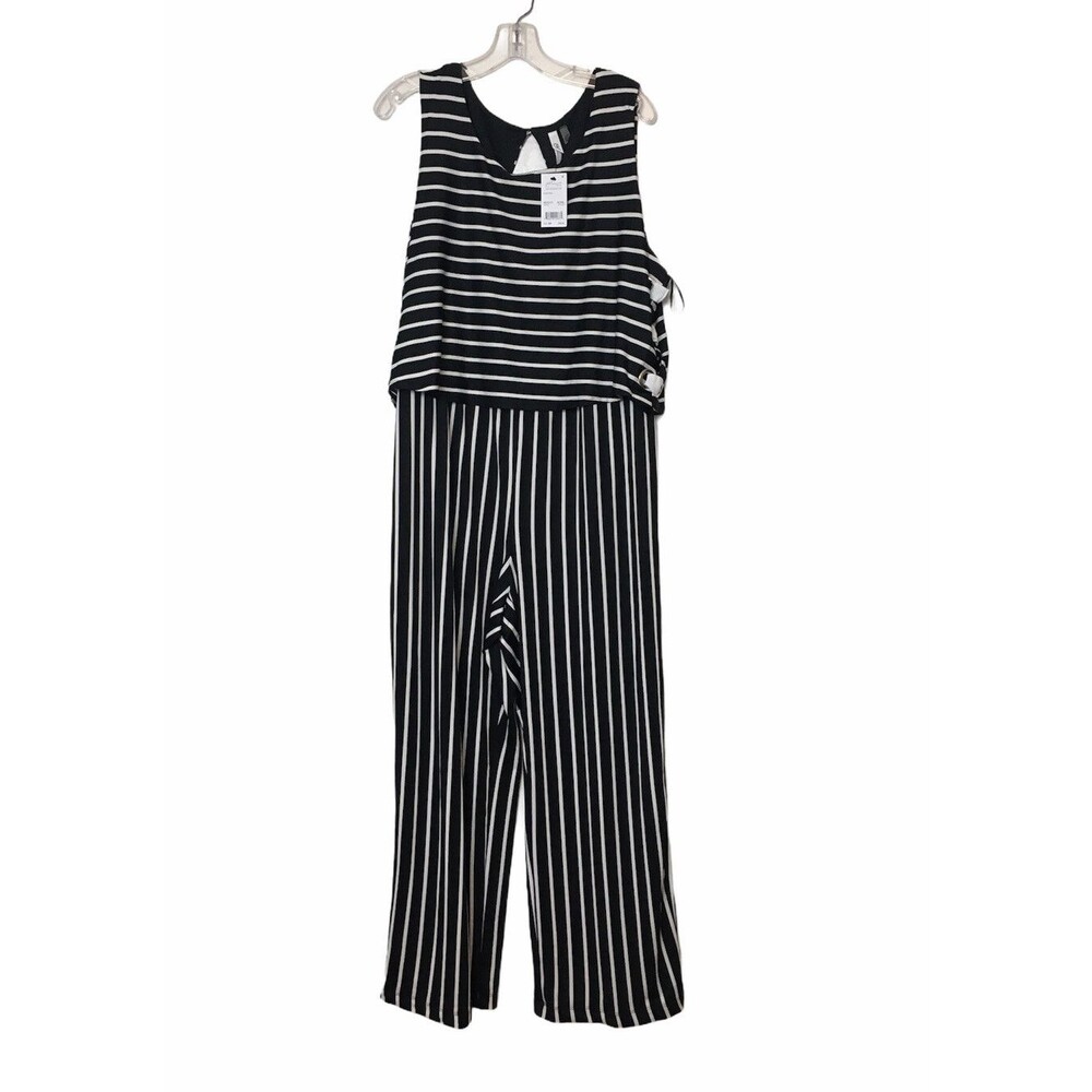 NY Collection Jumpsuit Petite Plus Size 2XP Black Women's Striped Side Lace Up